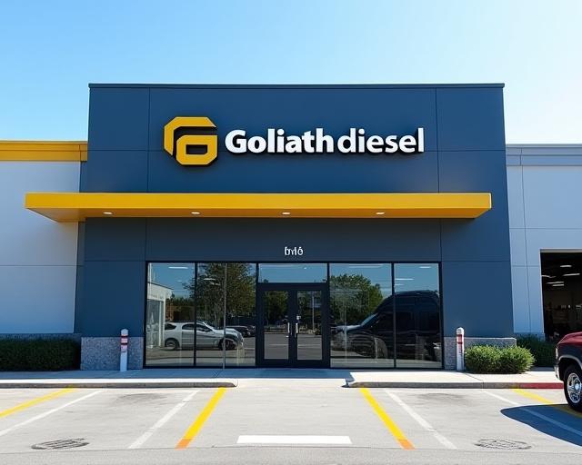 The clean and professional storefront of Goliath Diesel.