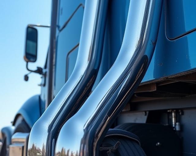 Shiny new custom chrome exhaust stacks on a modified semi-truck.