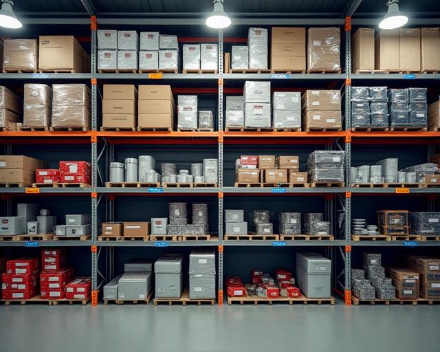 Well-organized shelves stocked with various truck parts and filters.