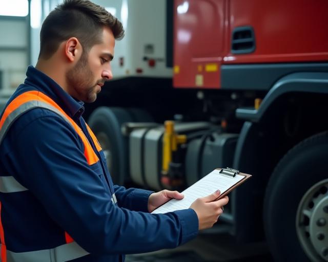 Technician with a clipboard conducting a vehicle inspection.