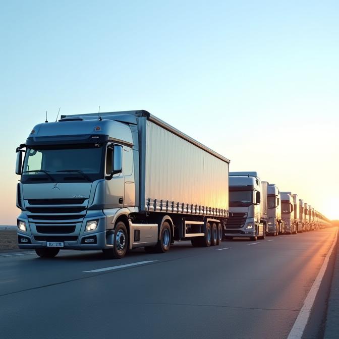 A line of five matching company semi-trucks parked neatly at a logistics facility.